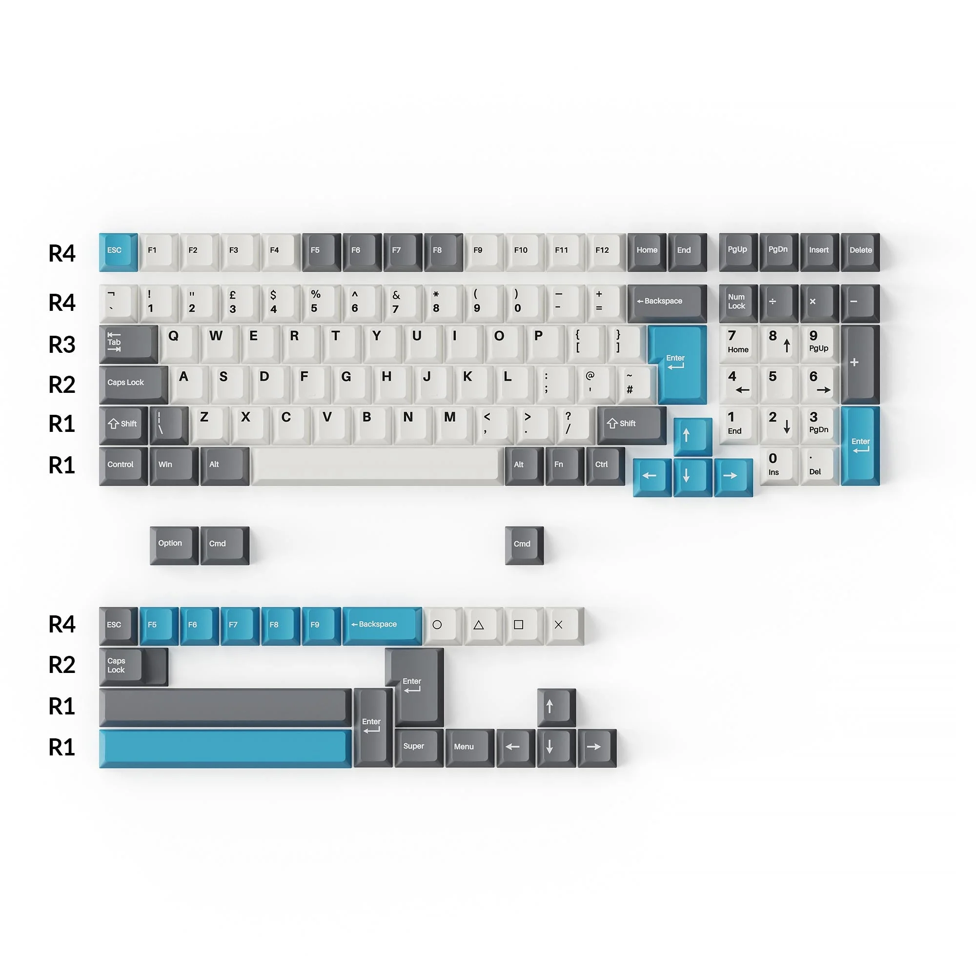 Cherry Profile Double-Shot PBT Full Set Keycaps - Grey, White, and Blue - Image 3